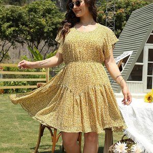 Nemidor Casual Plus Size Summer Boho Chiffon Print Midi Skater Dress Size 24